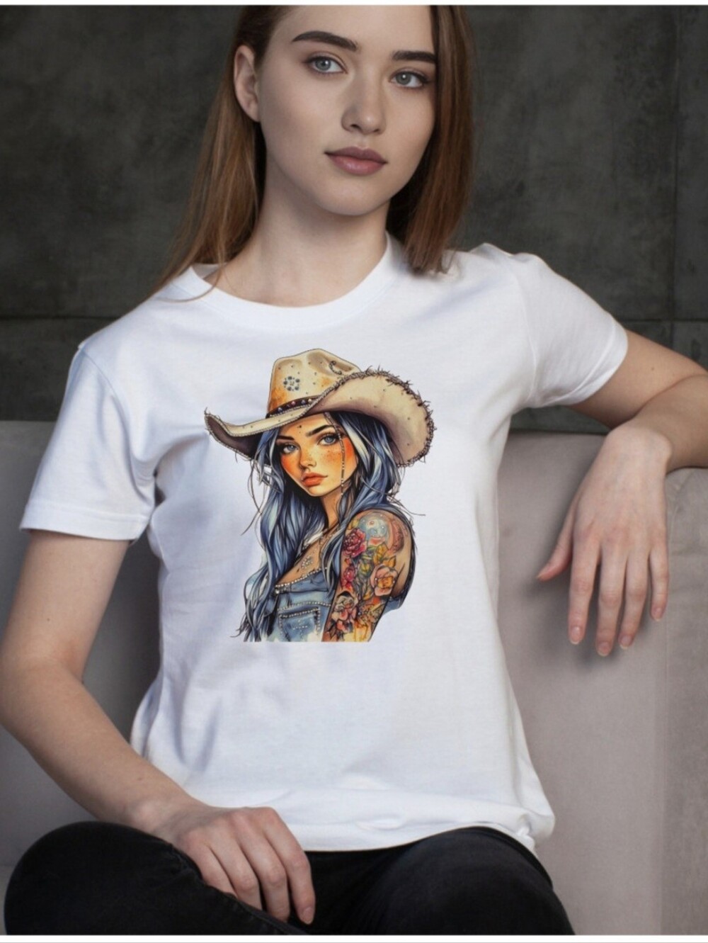 Boutique Hand-Rhinestoned Cowgirl Graphic Tee - Premium Crystals ✨
